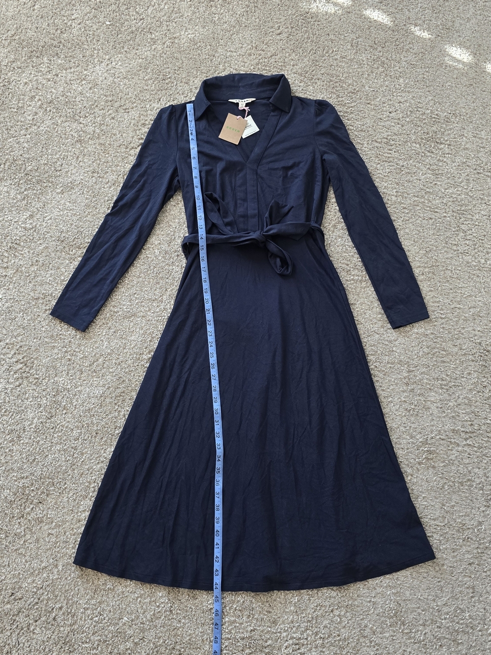 Boden Navy Solid Collared Long Sleeve Belted Tie Knit Midi Dress Chic Size 4 NEW - Picture 4 of 8